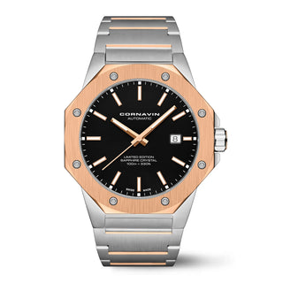 Schwarz, Edelstahlband Bicolor, Stahl, Lünette Roségold-PVD
