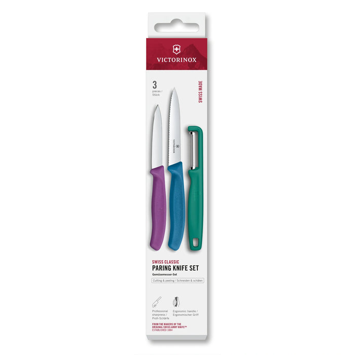 Swiss Classic, Gemüsemesser mit I-Schäler, 3tlg, grn/violett/blu